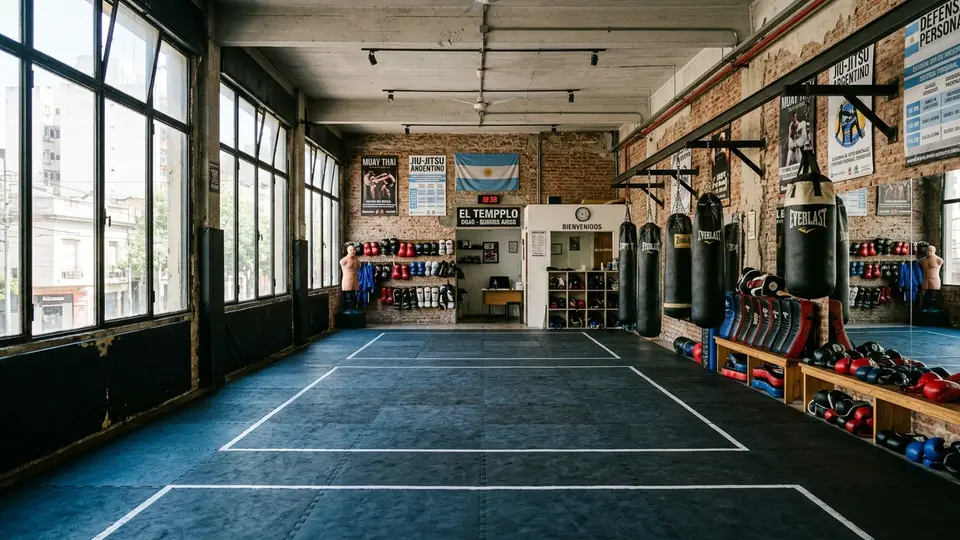Espacio de entrenamiento de artes marciales y acondicionamiento físico con tatami y bolsas de boxeo
