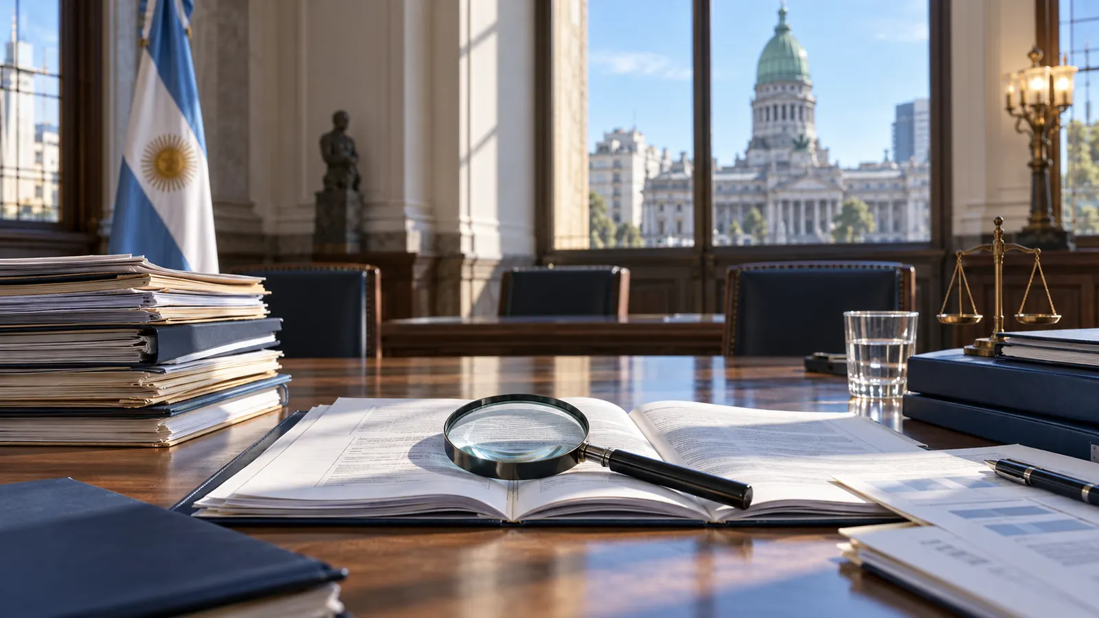 Documentos públicos abiertos y una lupa sobre una mesa de trabajo institucional