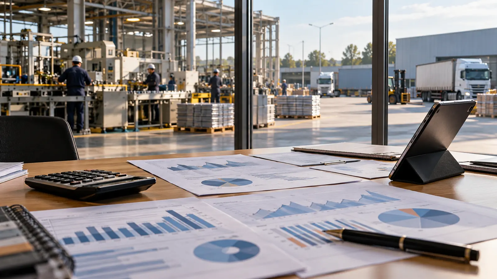 Gráficos económicos sobre una mesa frente a una planta industrial en actividad