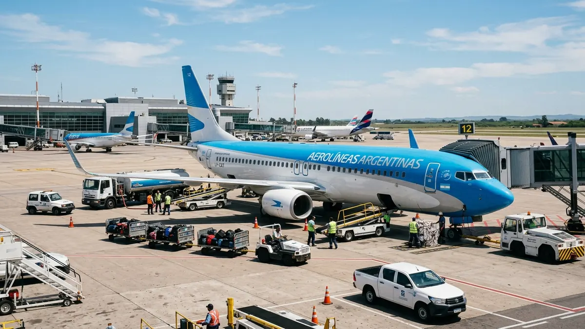 Aeronave comercial de Aerolíneas Argentinas en la plataforma del aeropuerto durante operaciones en pista
