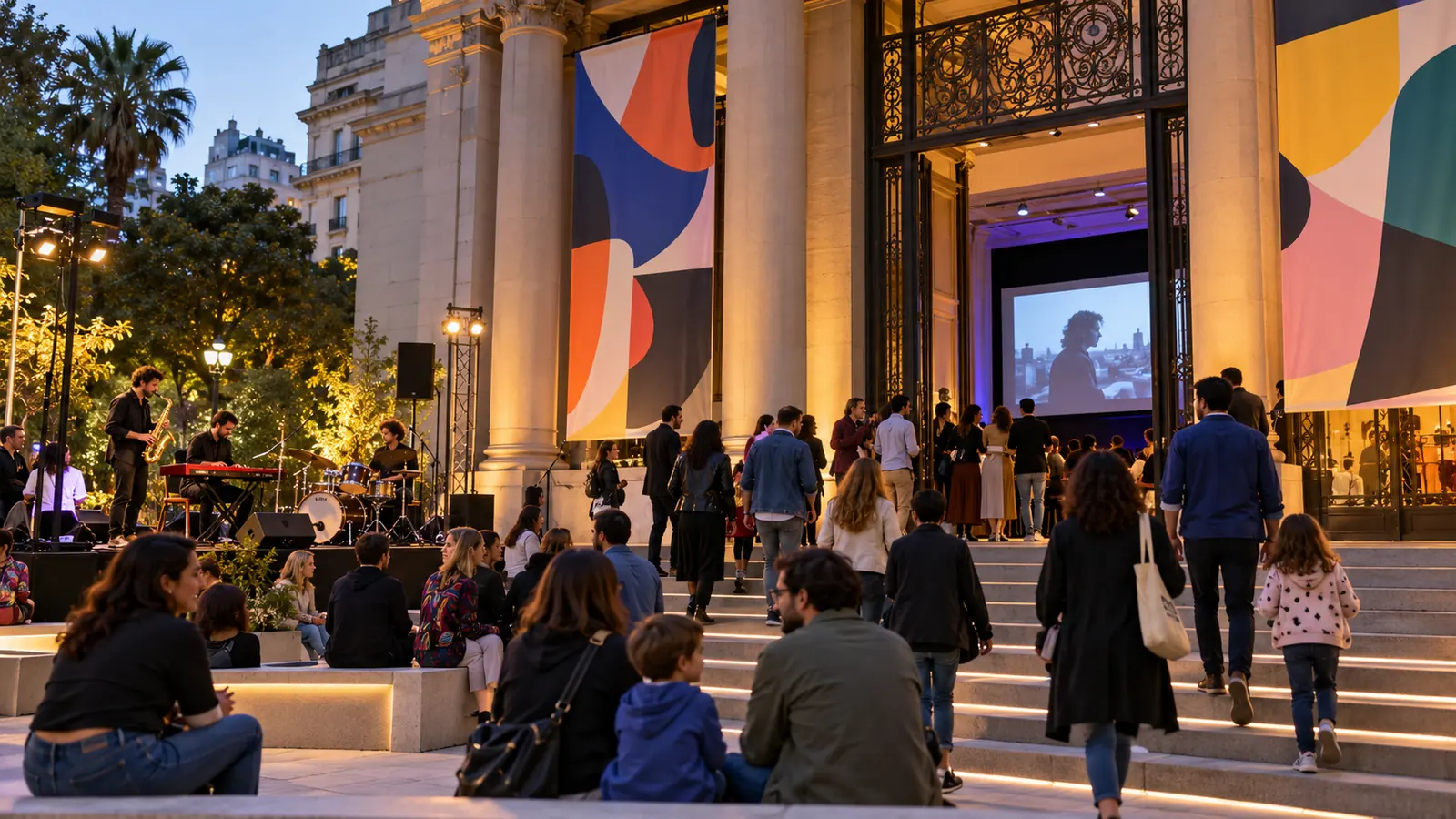 Público ingresa a un centro cultural mientras músicos actúan en un escenario exterior