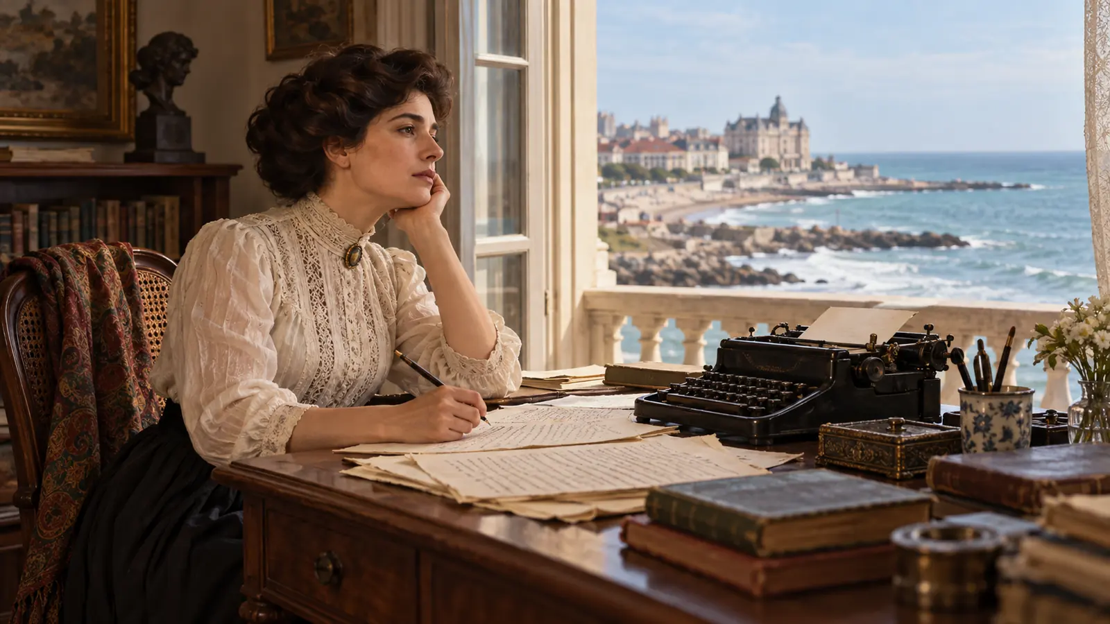 Escritora de comienzos del siglo XX ante un escritorio junto a una ventana frente al mar