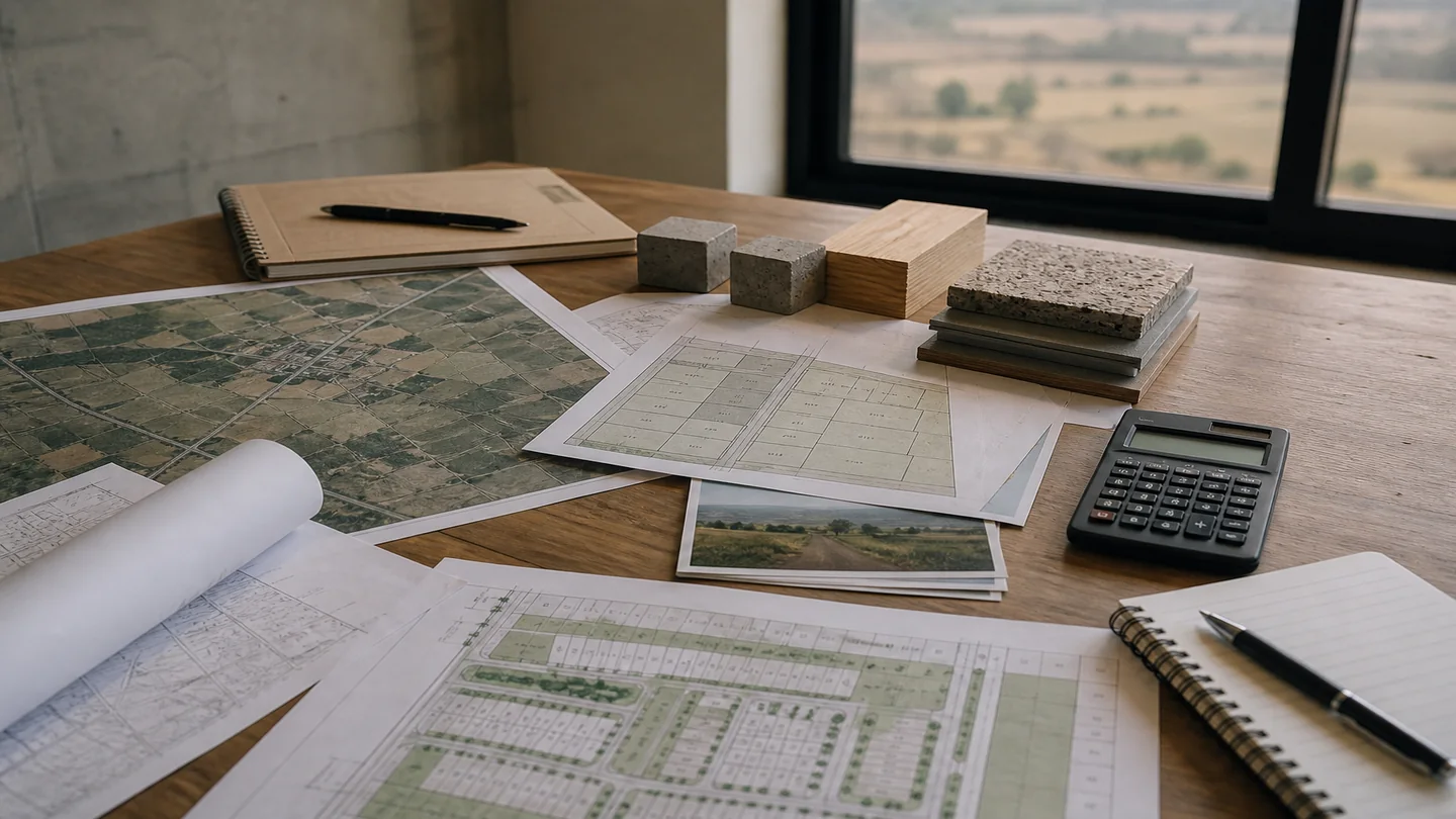 Planos, croquis territoriales y muestras de materiales sobre una mesa de análisis