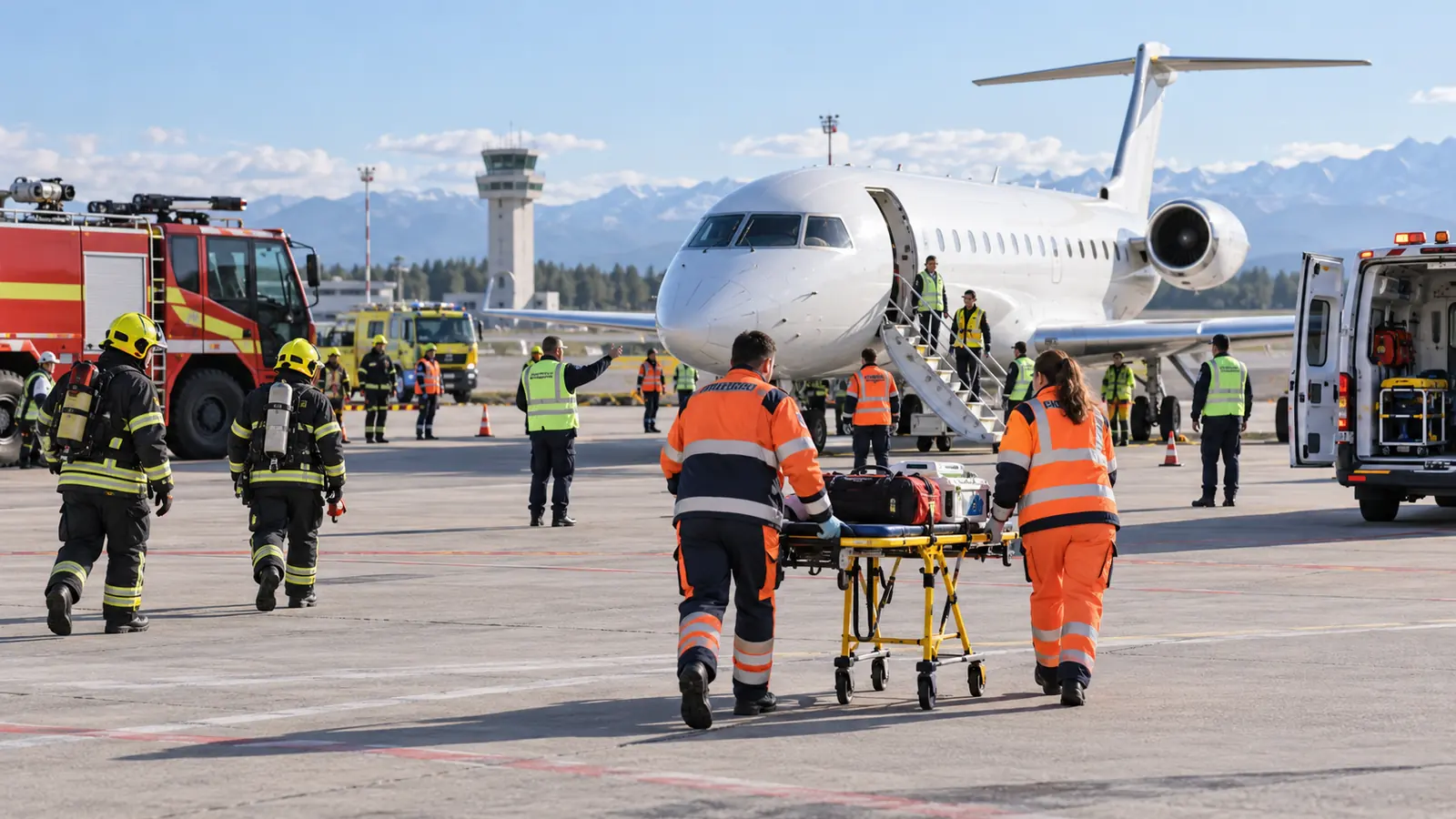 Bomberos y personal sanitario participan en un simulacro junto a un avión regional estacionado