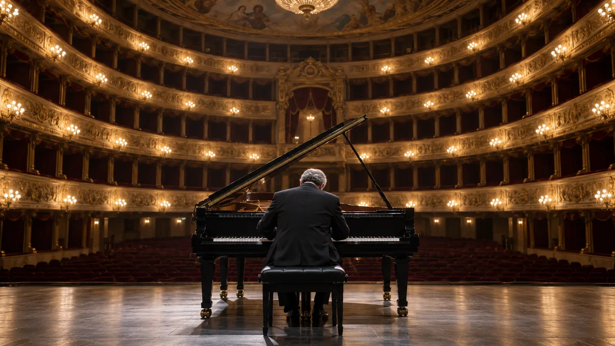 Pianista visto de espaldas frente a un gran piano en una sala lírica