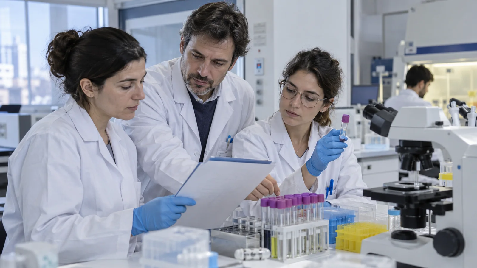 Profesionales de investigación clínica revisan un protocolo en un laboratorio