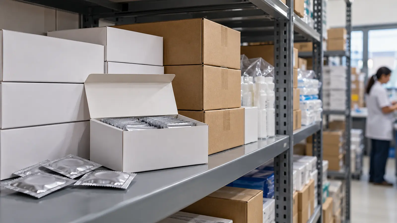 Cajas y envoltorios genéricos de preservativos en una estantería de depósito ilustrativo