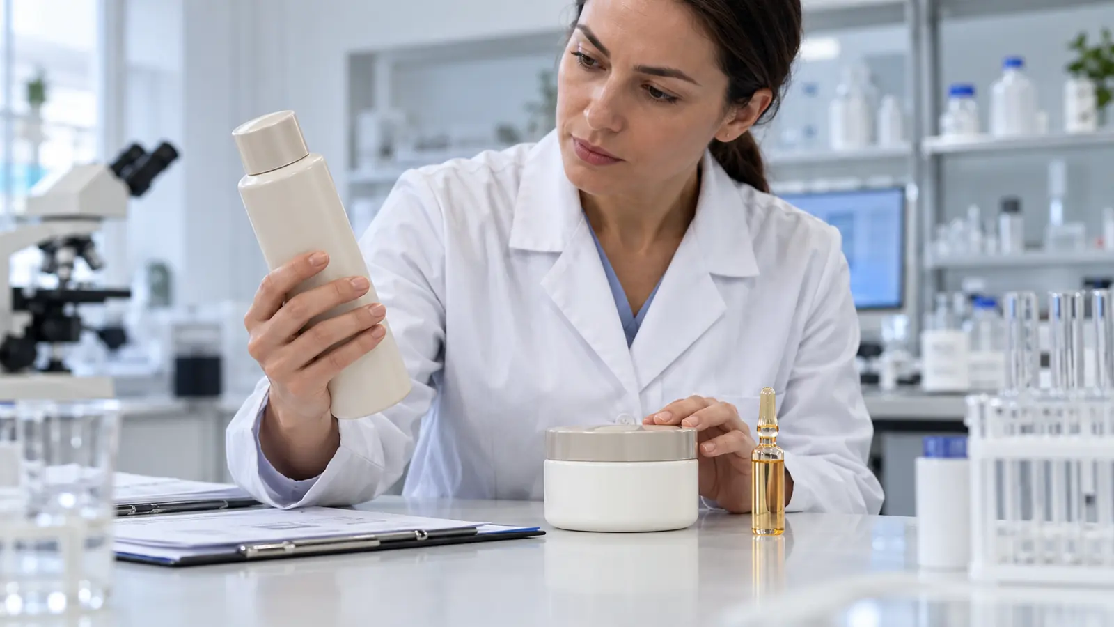Profesional de laboratorio revisa tres envases de productos capilares