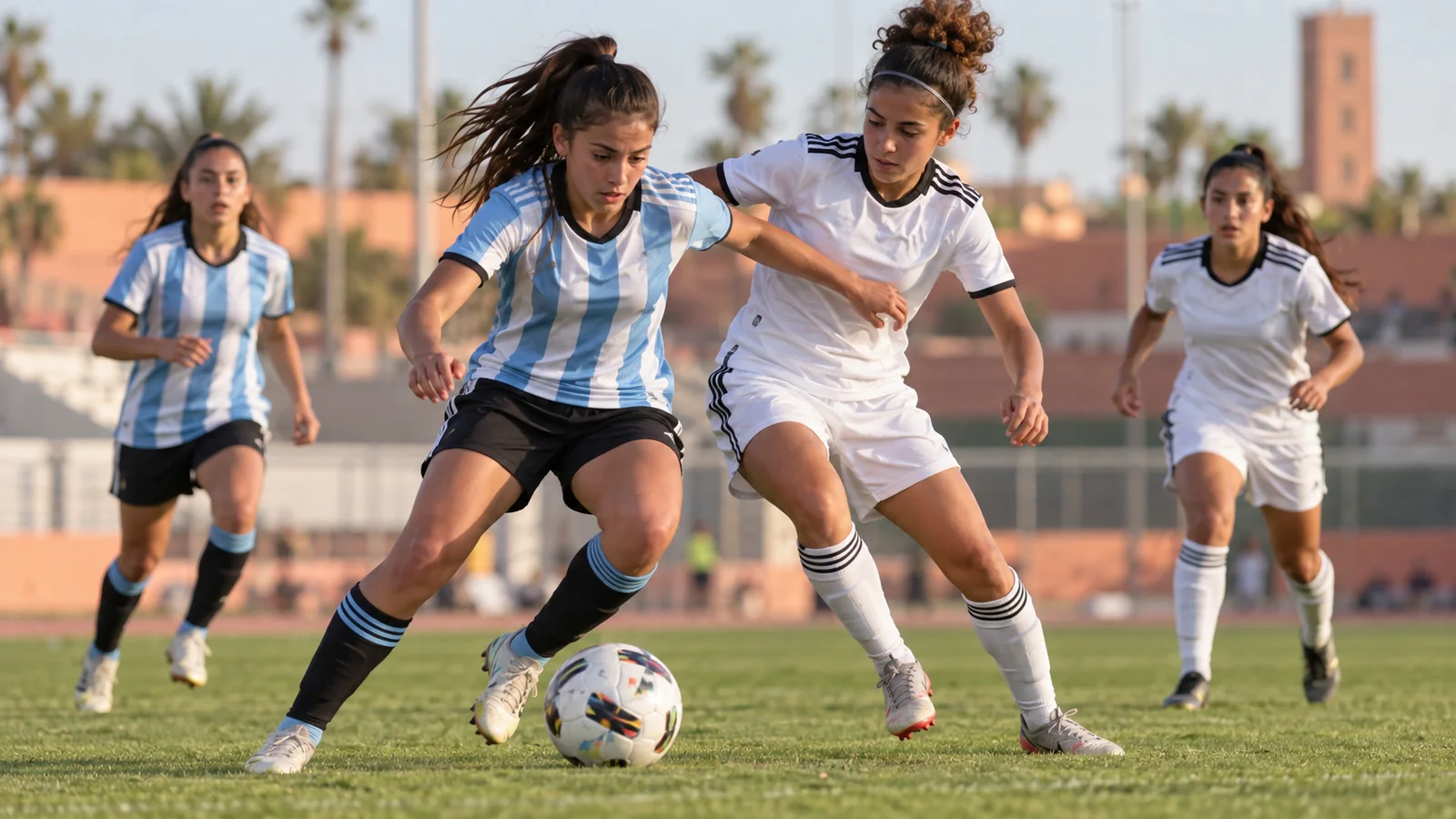 Futbolistas juveniles de Argentina y Alemania disputan una pelota en una cancha de Marruecos