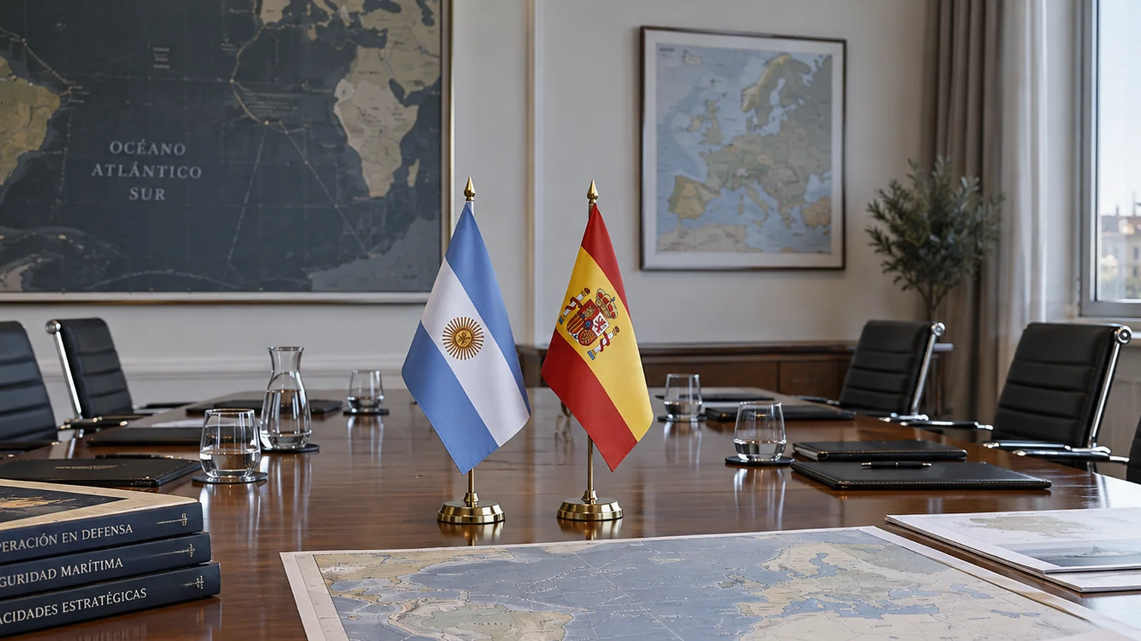 Banderas de Argentina y España sobre una mesa de trabajo con mapas