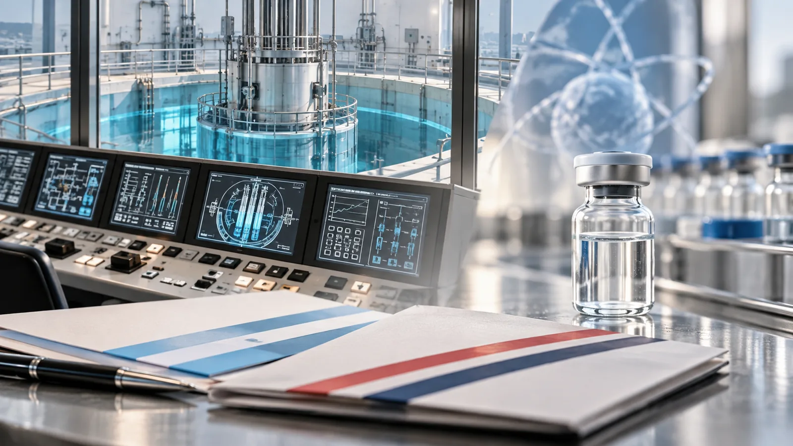 Sala de control de un reactor de investigación junto a un frasco de laboratorio