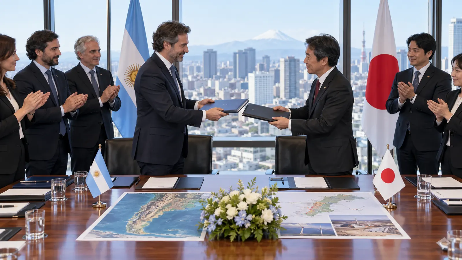 Dos hombres intercambian documentos ante las banderas de Argentina y Japón, acompañados por otras personas