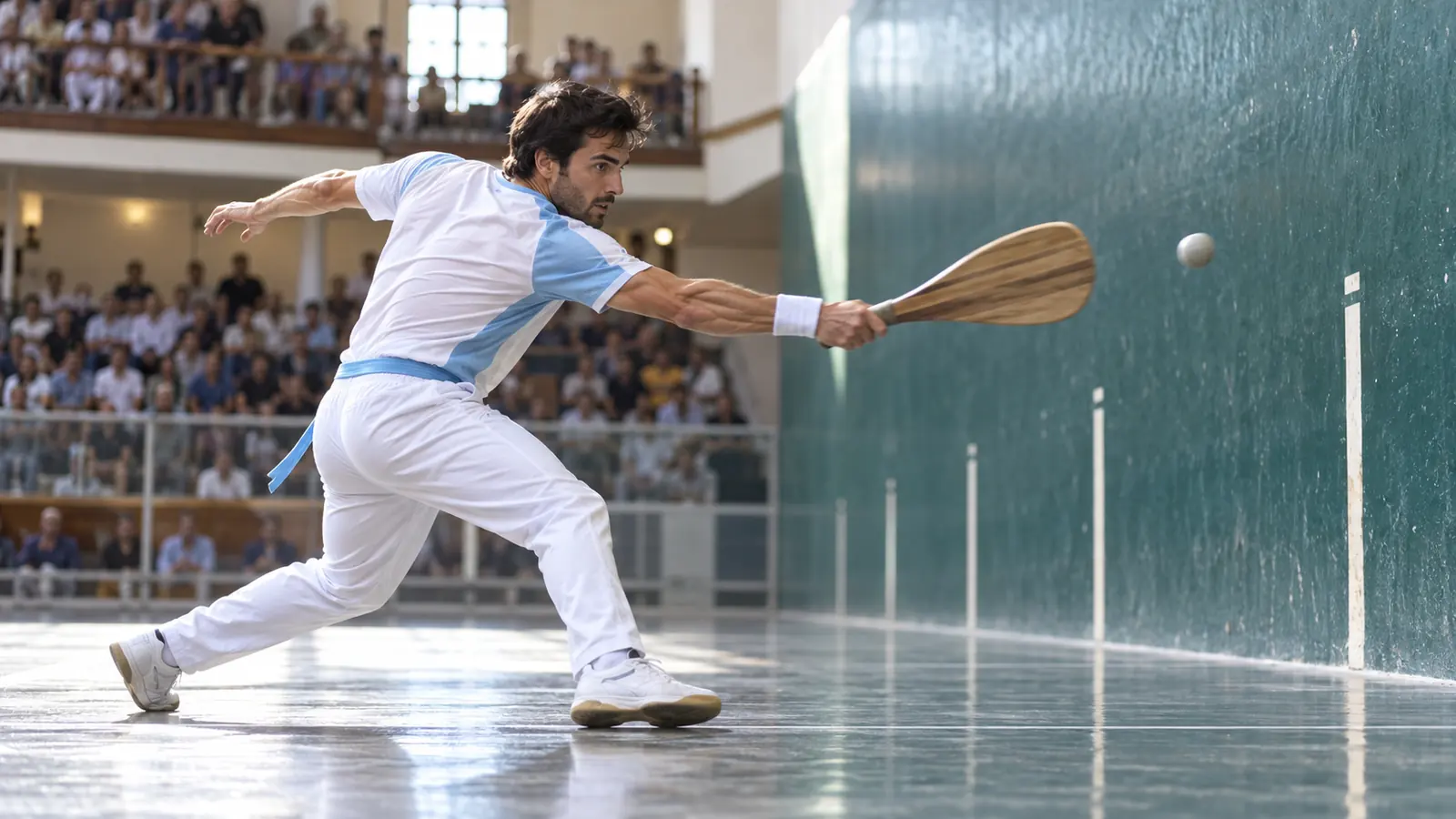 Pelotari con indumentaria celeste y blanca golpea la pelota con una paleta en un frontón cubierto