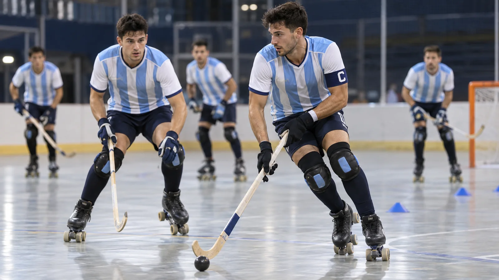 Jugadores de hockey sobre patines entrenan con camisetas celestes y blancas en una pista cubierta