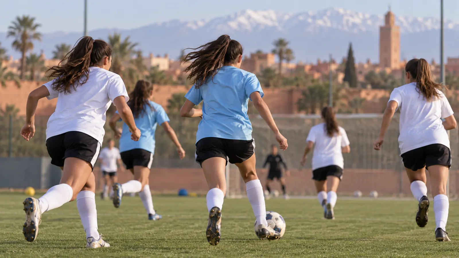 Futbolistas juveniles entrenan en un campo con paisaje urbano marroquí ilustrativo