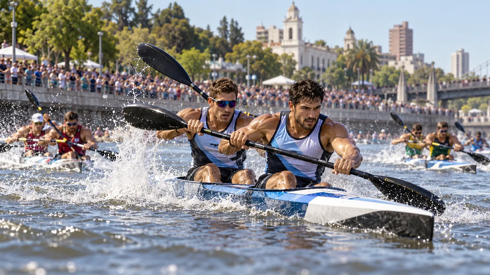 Dos palistas compiten en un kayak K2 durante una prueba de canotaje maratón junto a una costanera