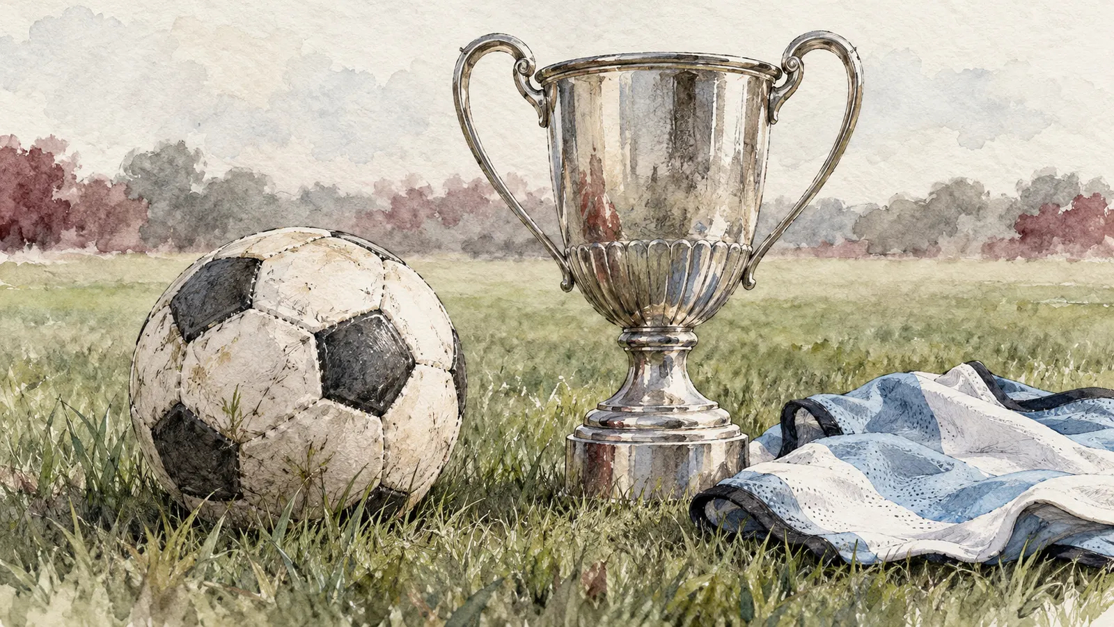 Una pelota de fútbol junto a un trofeo y una pechera celeste y blanca