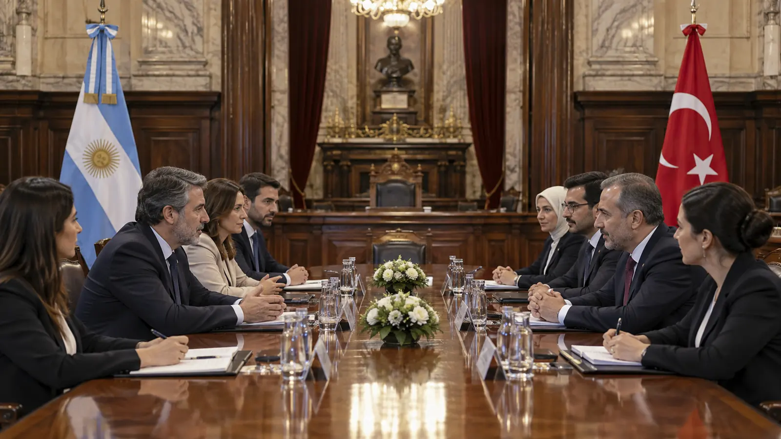 Delegaciones reunidas junto a las banderas de Argentina y Turquía