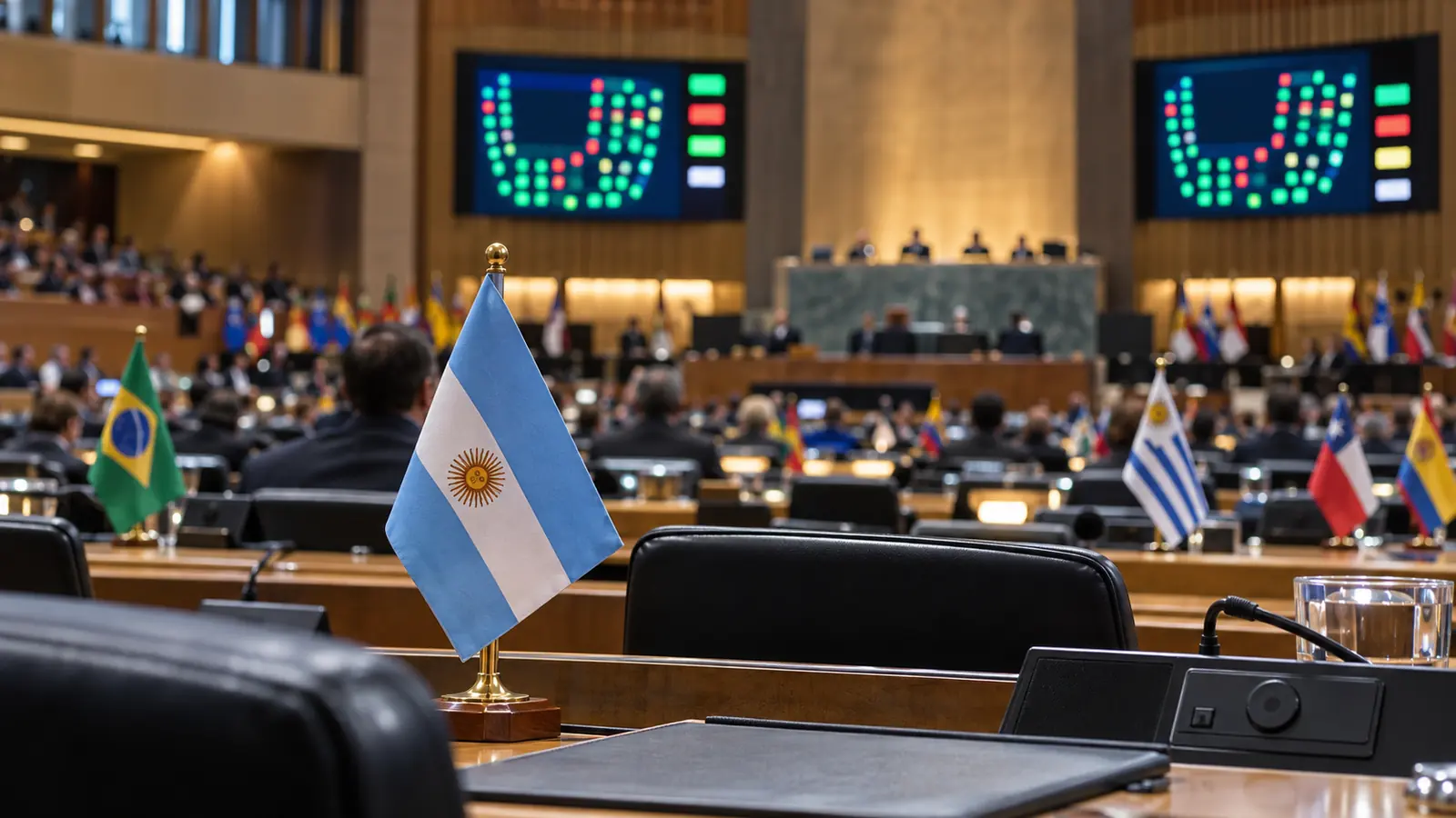 Salón de una asamblea internacional con una bandera argentina en primer plano