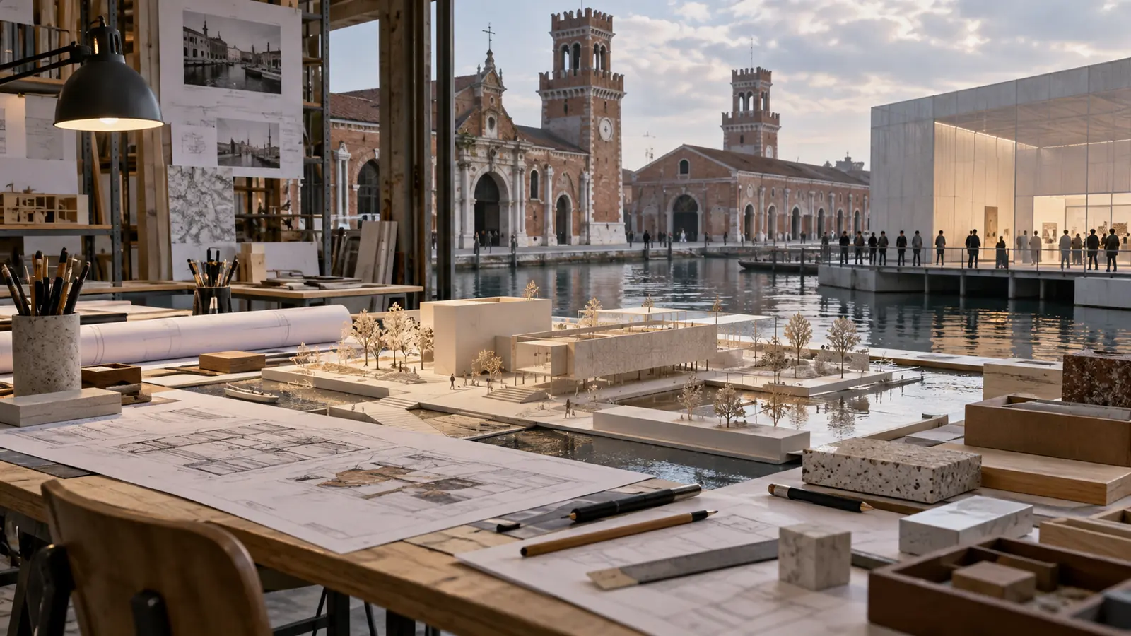 Maqueta arquitectónica y planos sobre una mesa de trabajo frente a los Arsenales de Venecia
