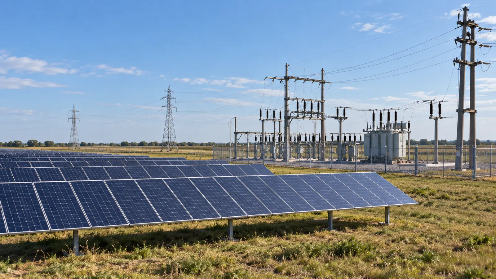 Paneles solares y equipamiento eléctrico en una escena ilustrativa rural