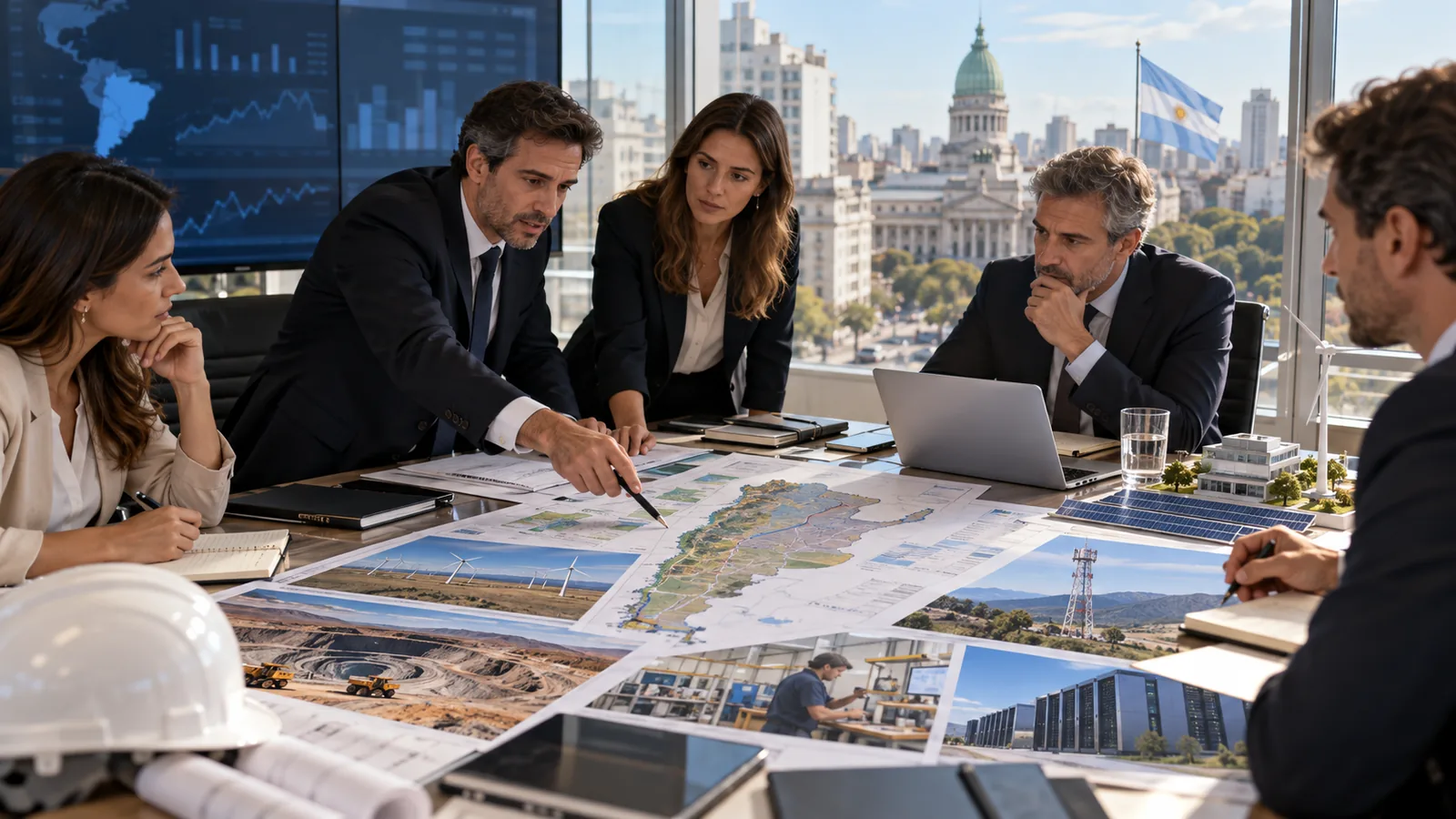 Mesa de análisis financiero con edificios empresariales y gráficos de inversión