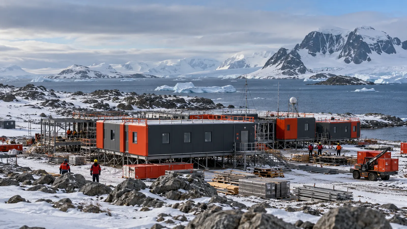 Módulos habitacionales en construcción en una base antártica rodeada de nieve y montañas