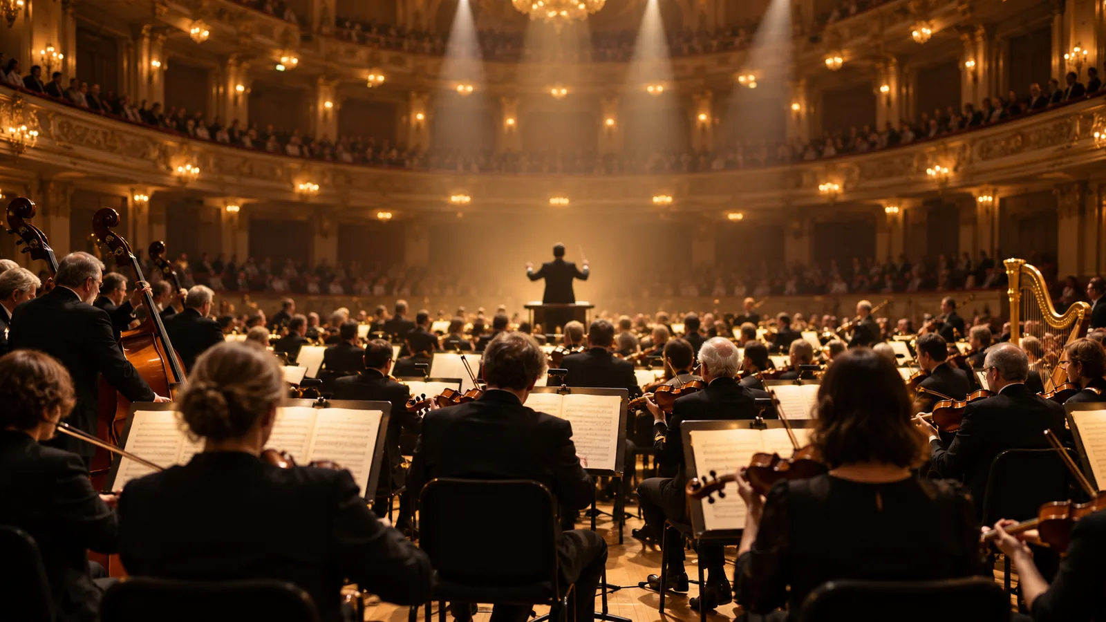 Orquesta sinfónica vista desde atrás en una sala con balcones iluminados