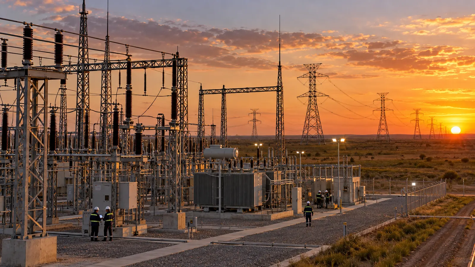 Subestación eléctrica y líneas de alta tensión sobre una llanura al atardecer