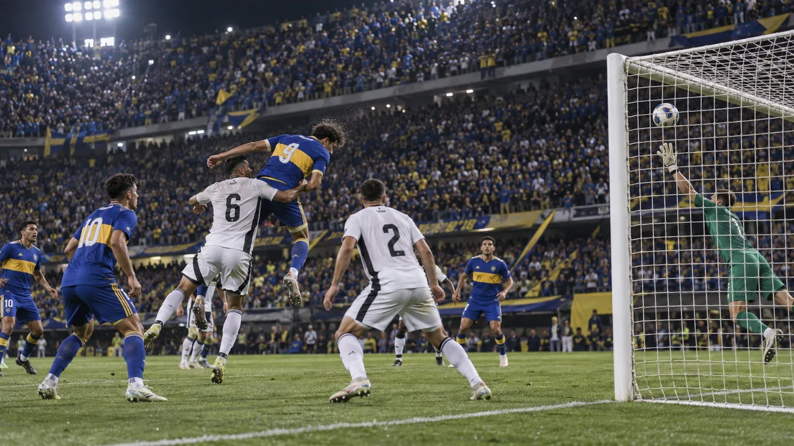 Futbolistas de azul y amarillo disputan una pelota aérea ante un equipo de blanco en un estadio nocturno