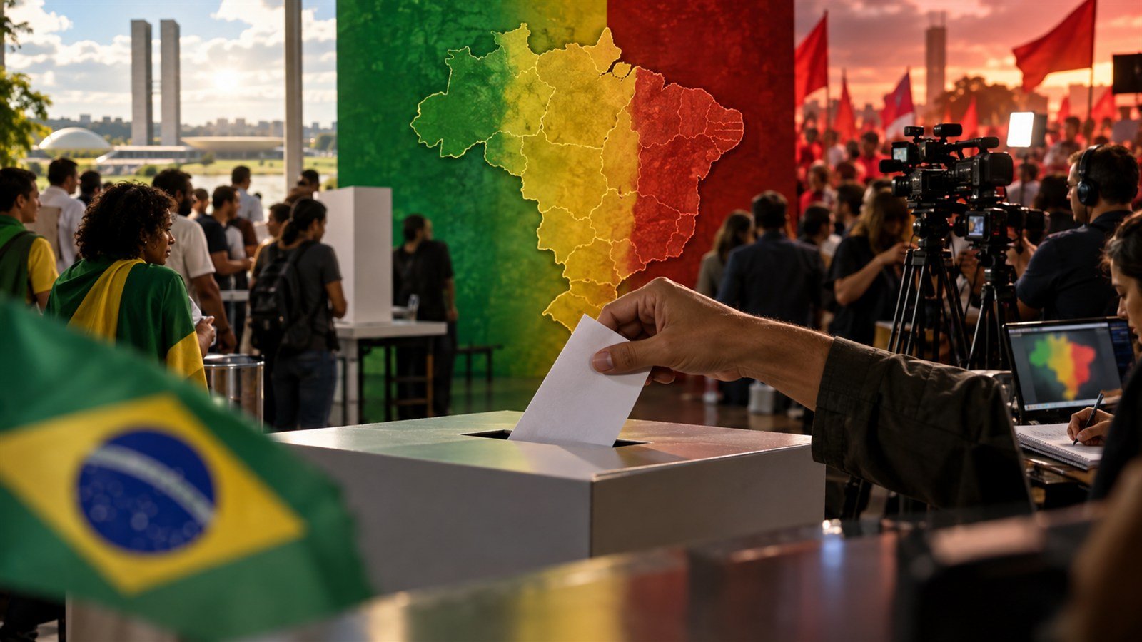 Una persona deposita su voto frente a un mapa de Brasil y equipos de prensa