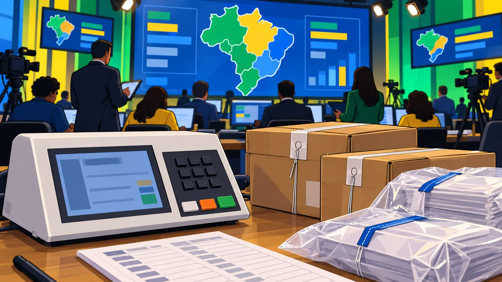 Urna electrónica y material electoral sellado frente a pantallas con un mapa de Brasil