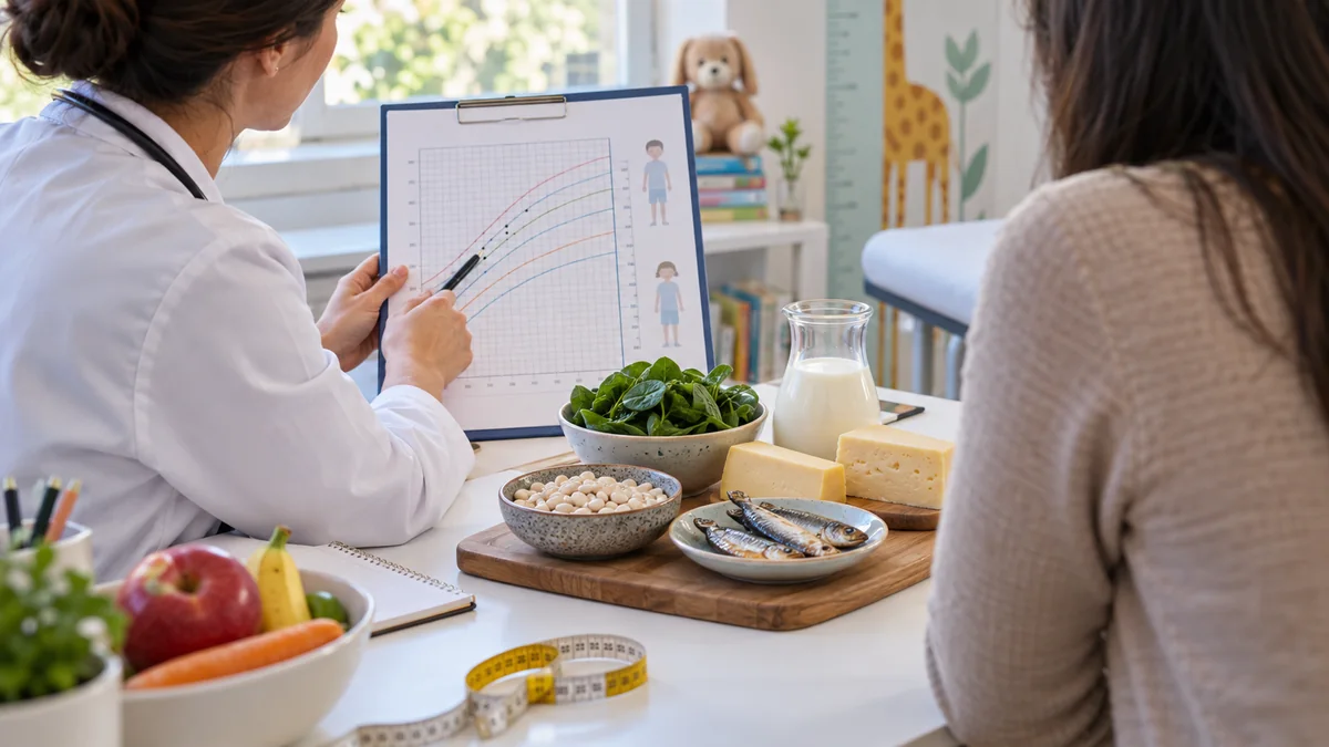 Pediatra explica una curva de crecimiento junto a alimentos variados