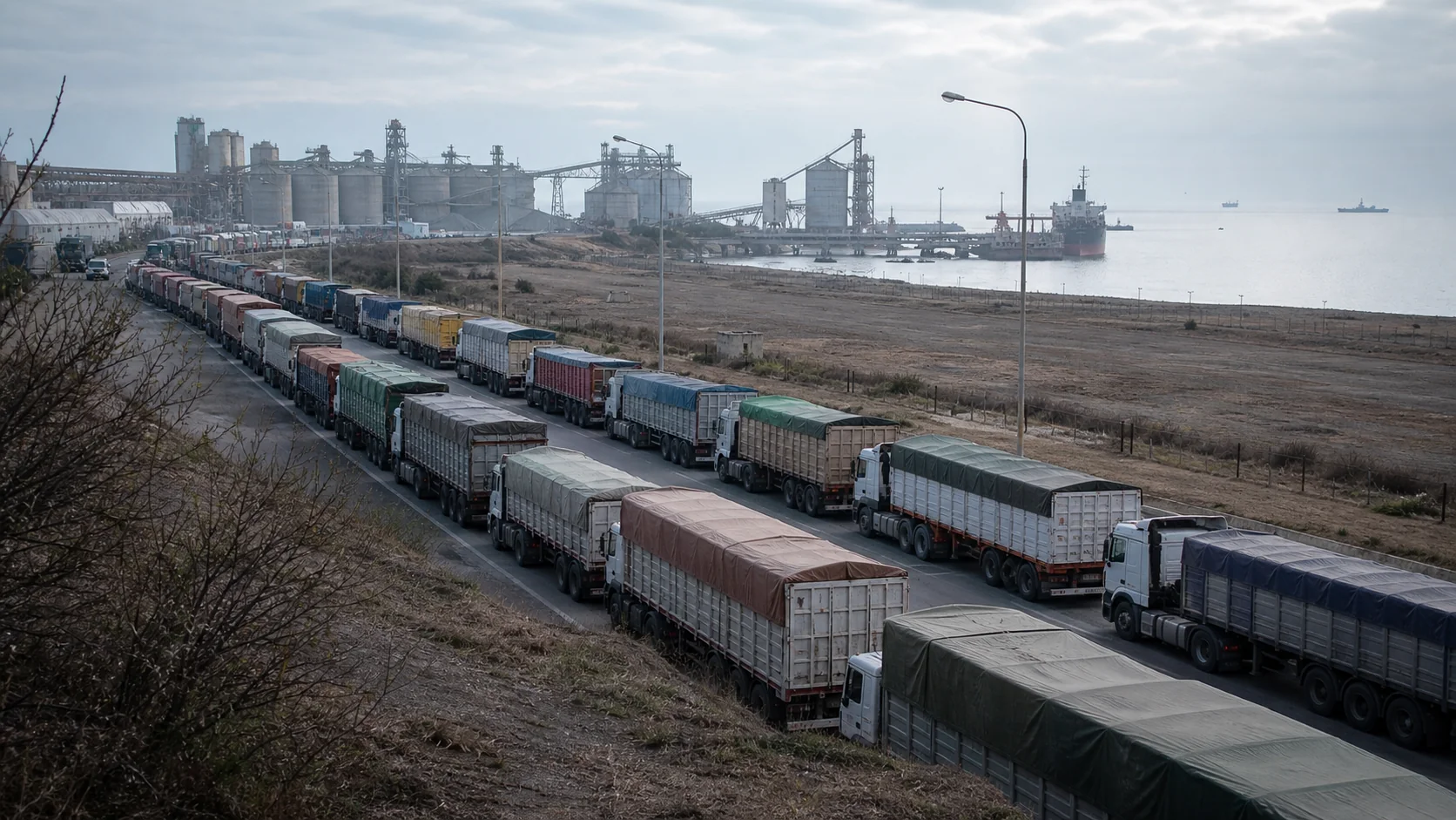 Fila de camiones de carga detenidos en el acceso a una terminal portuaria de granos