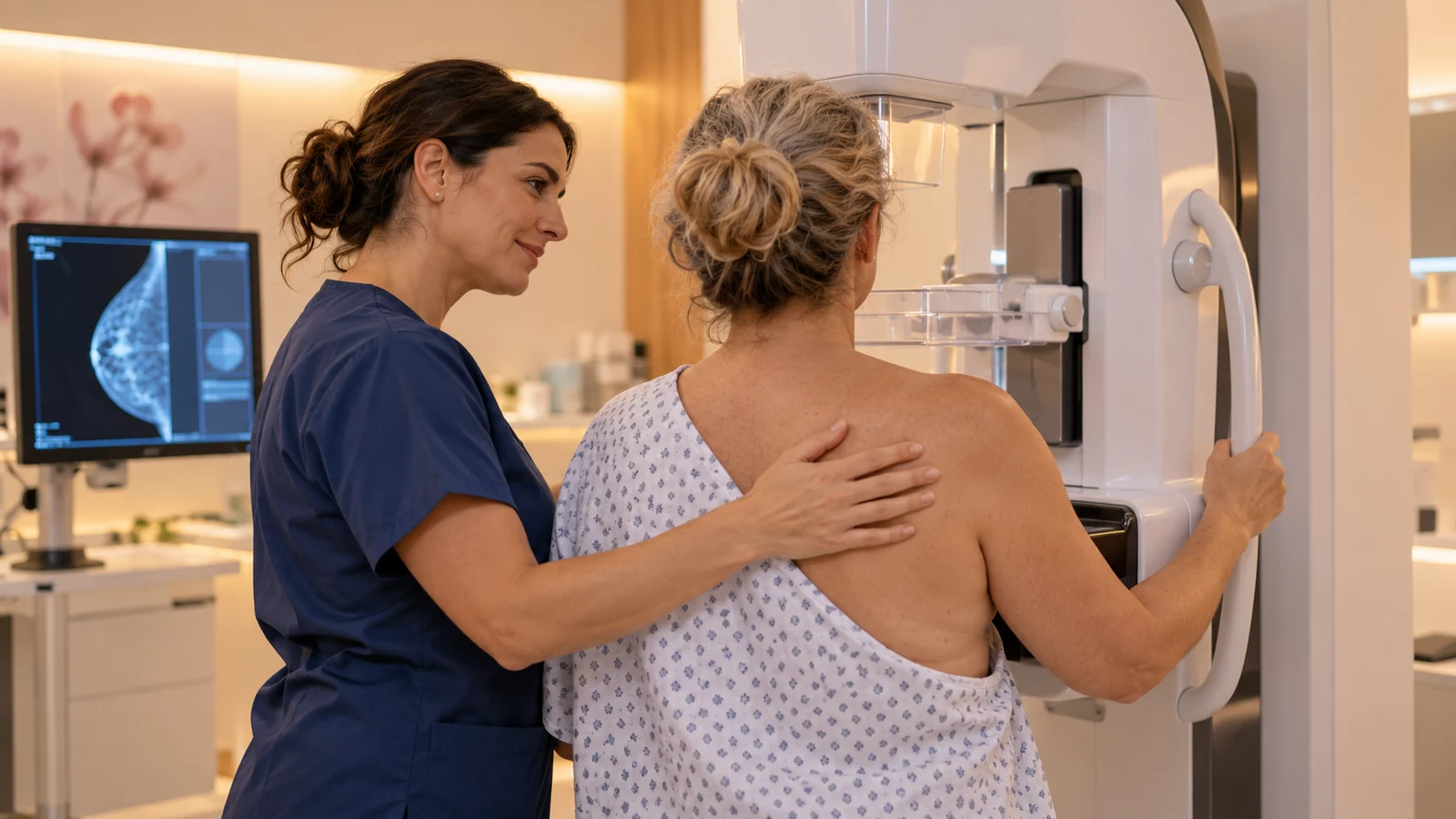 Técnica de salud acompaña a una paciente en un centro de diagnóstico mamario