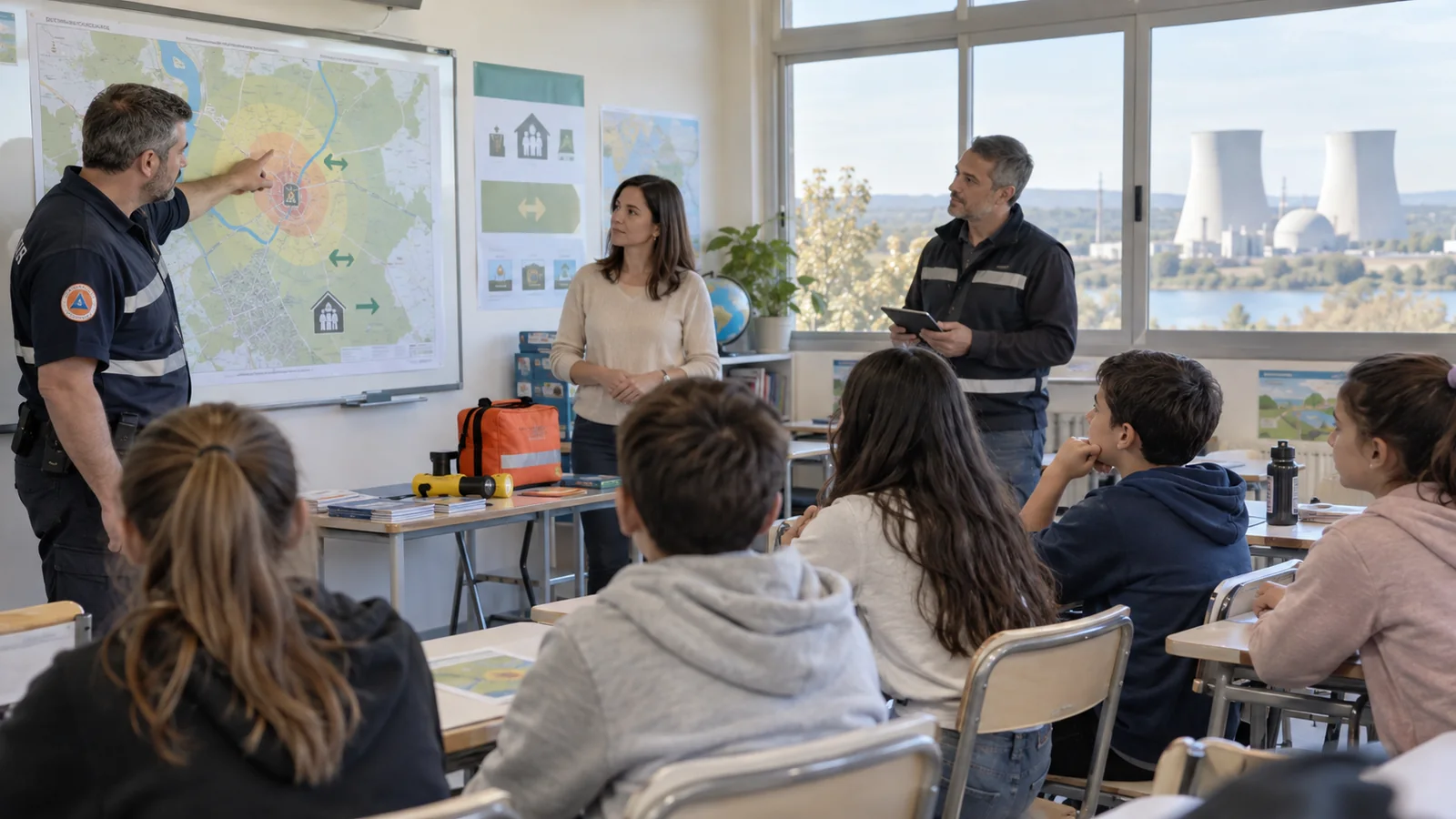 Especialistas explican un mapa de evacuación a estudiantes dentro de un aula