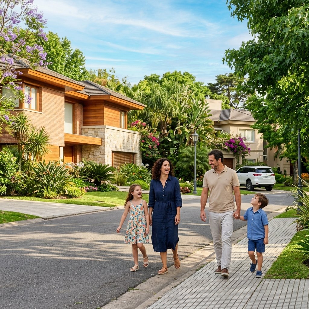 Familia caminando en barrio residencial de Los Cardales