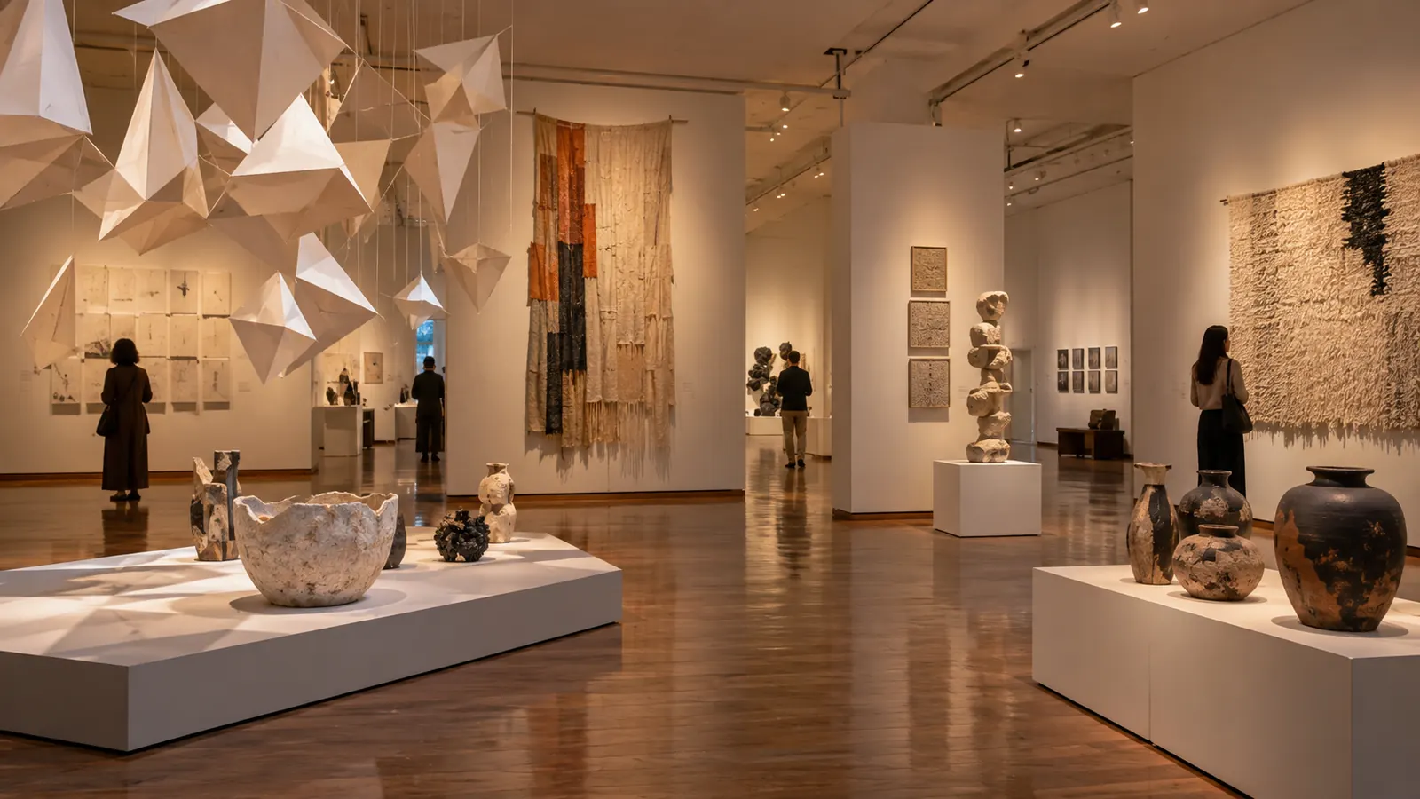 Sala de arte contemporáneo con instalaciones de papel, textiles, esculturas y cerámicas