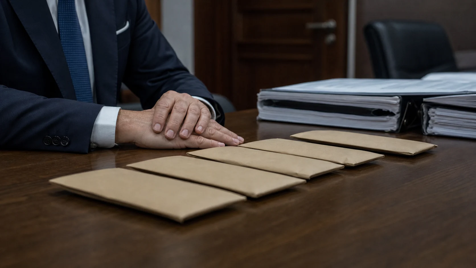 Manos de un ejecutivo junto a sobres cerrados y expedientes sobre una mesa judicial