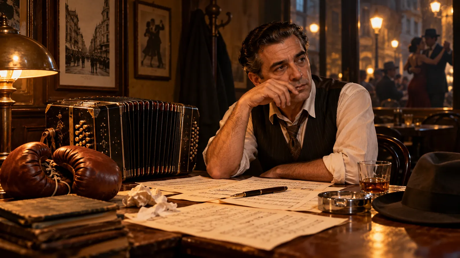 Escritorio de poeta de tango con partituras, bandoneón y antiguos guantes de boxeo en un café porteño