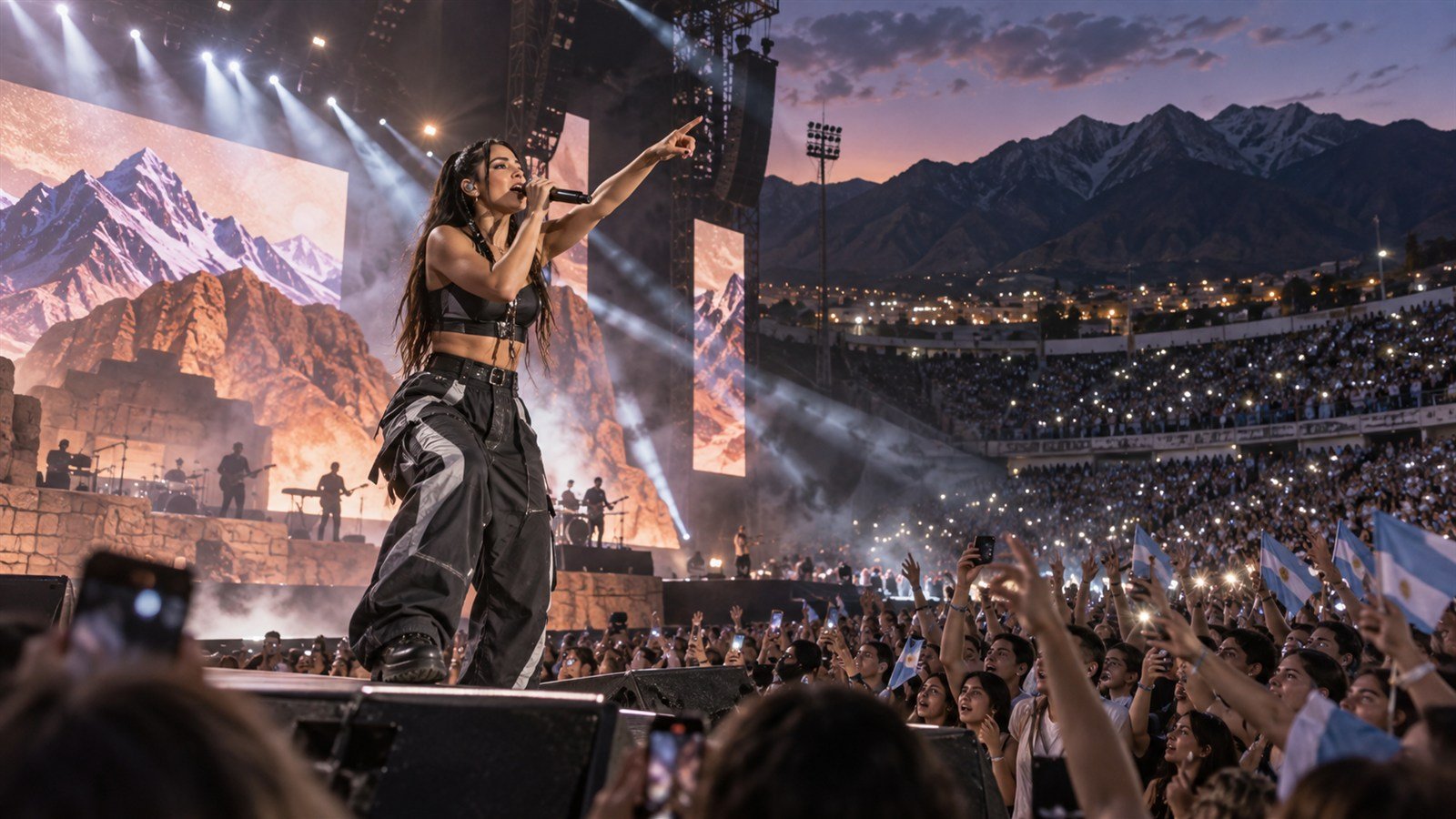 Cantante de música urbana actúa ante un estadio lleno con montañas en el fondo