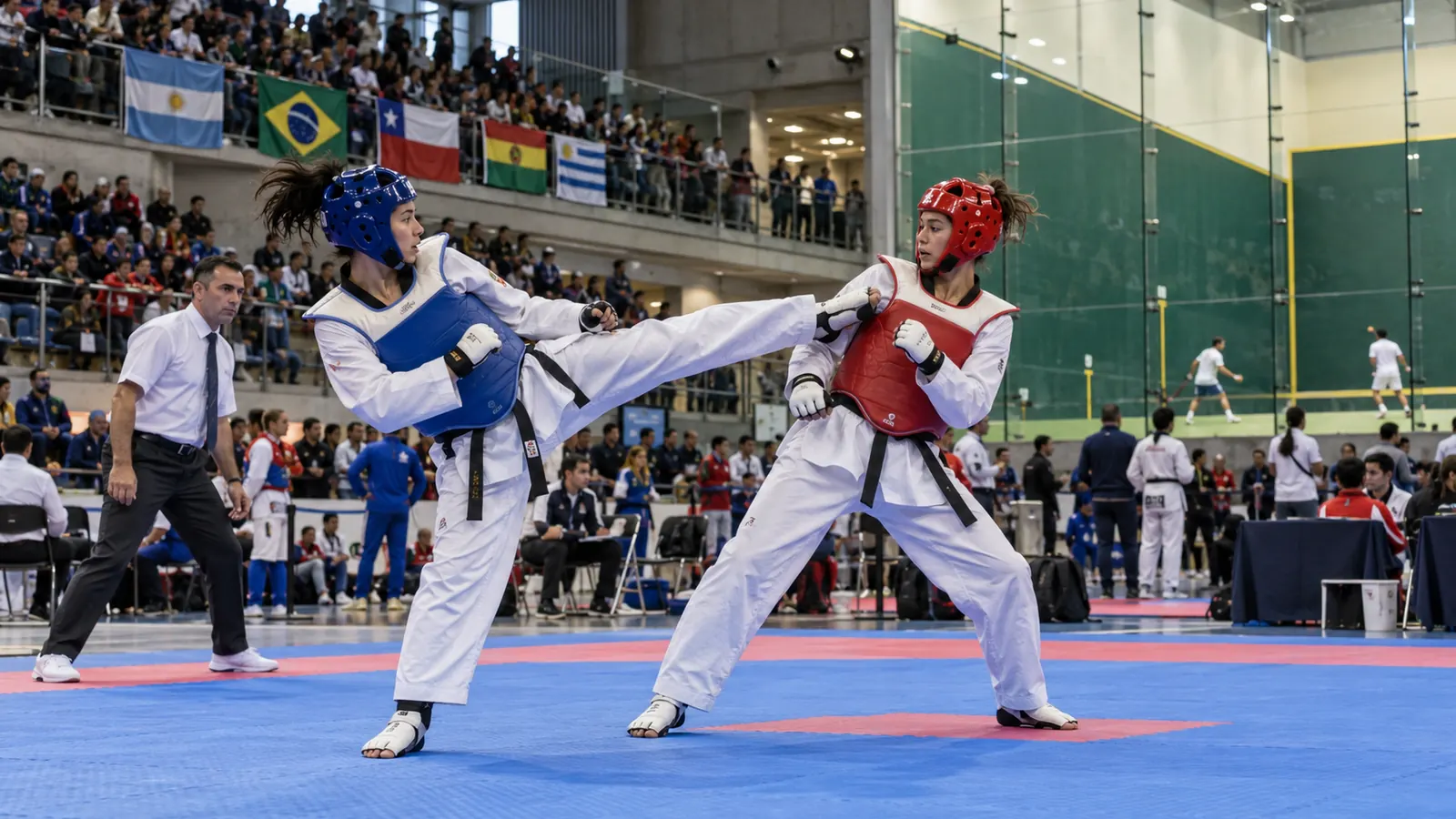 Dos competidoras de taekwondo durante un torneo internacional en un complejo deportivo