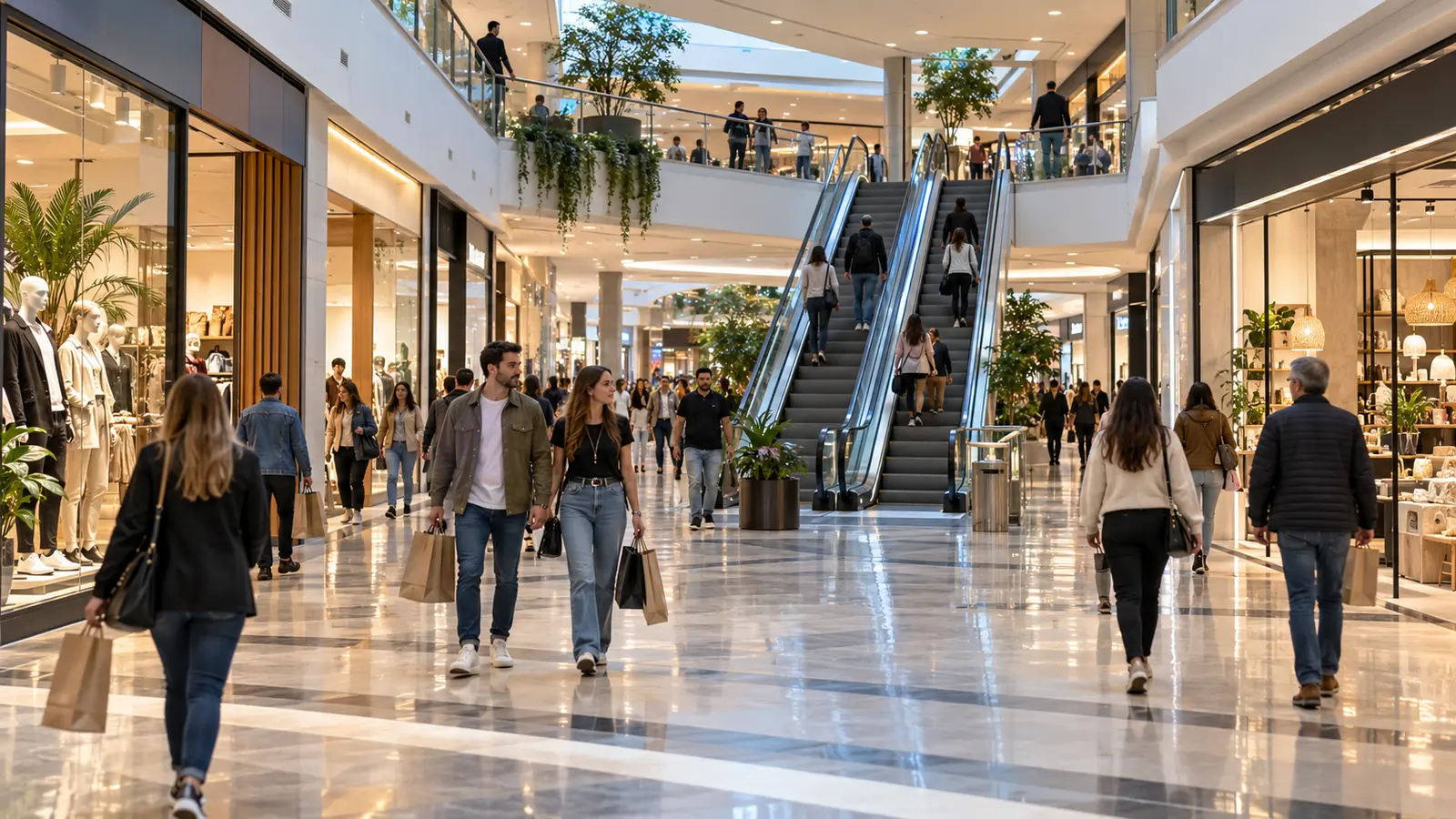 Personas recorren los locales y las escaleras de un centro comercial