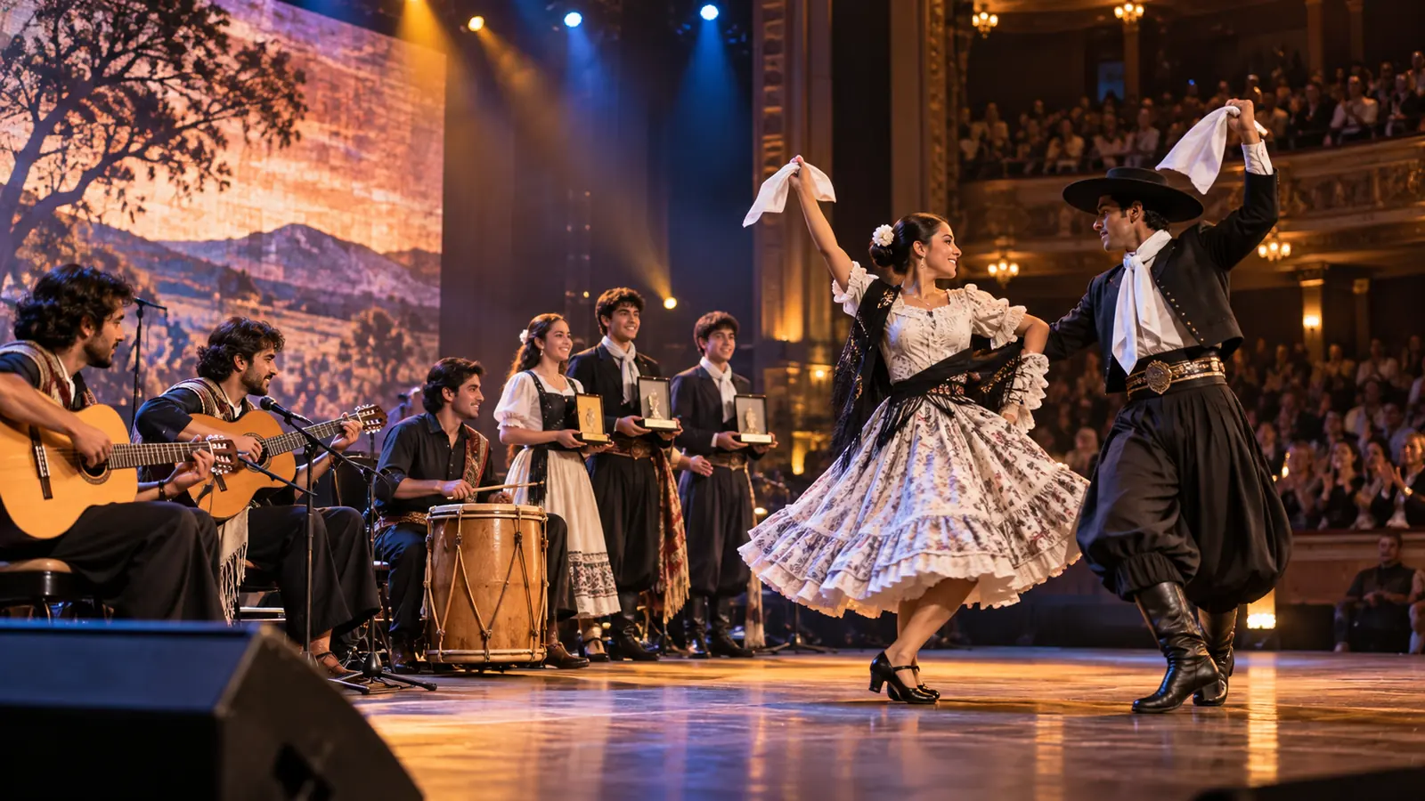 Músicos y bailarines de folclore actúan en un escenario durante una ceremonia