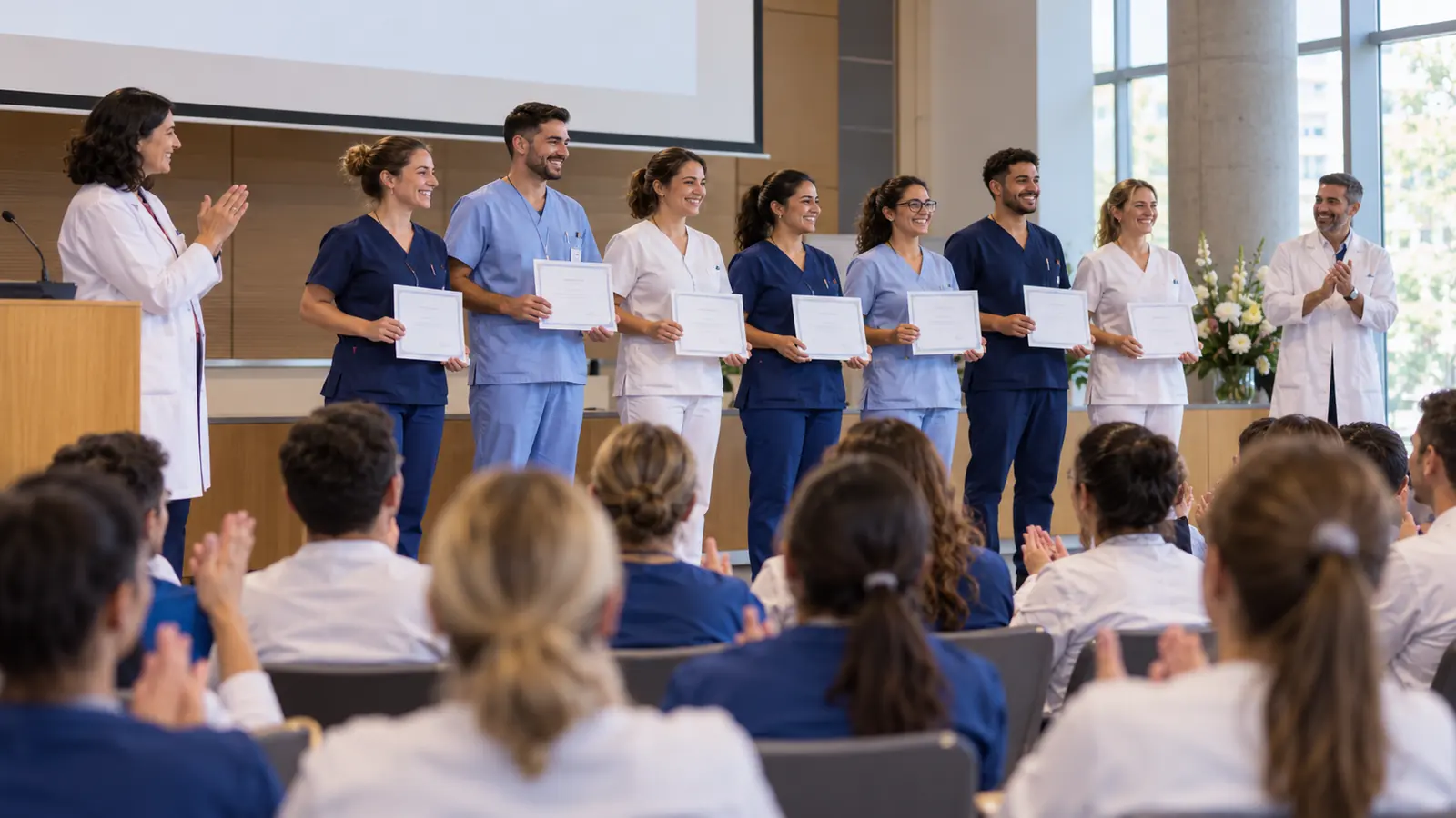 Profesionales de enfermería reciben diplomas en un auditorio sanitario
