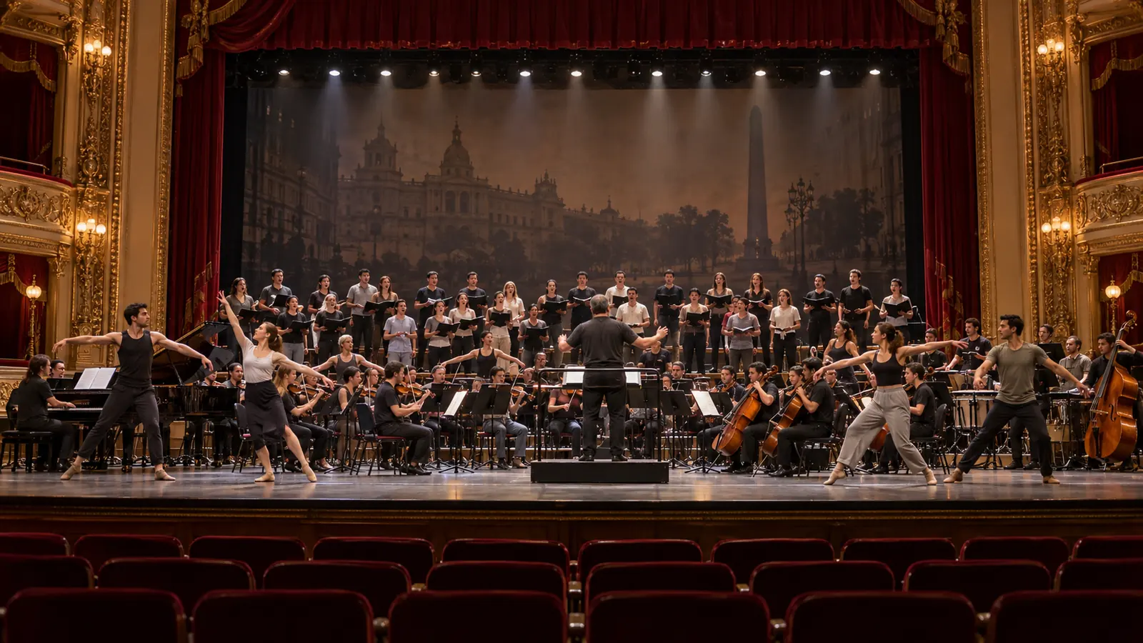 Coro, orquesta y bailarines ensayan sobre el escenario de un teatro