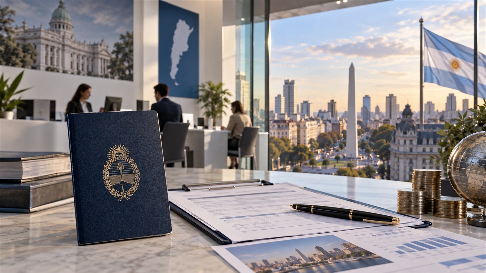 Documentación de inversión junto a un pasaporte y una vista de la ciudad de Buenos Aires