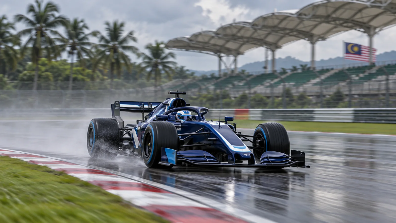 Ilustración editorial de un monoplaza azul de competición durante una práctica en un circuito de Malasia
