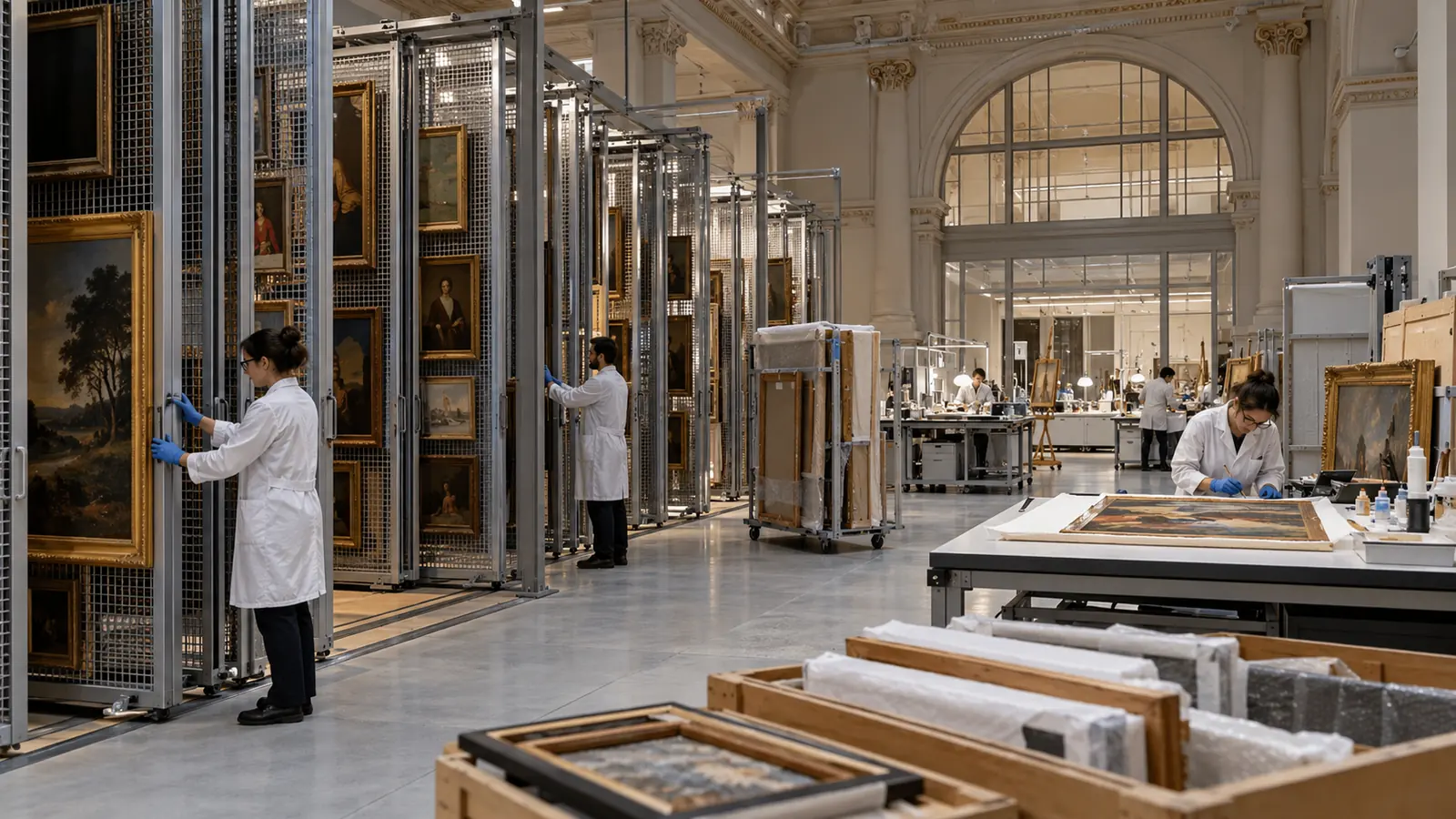 Técnicos trabajan entre reservas de cuadros y mesas de restauración