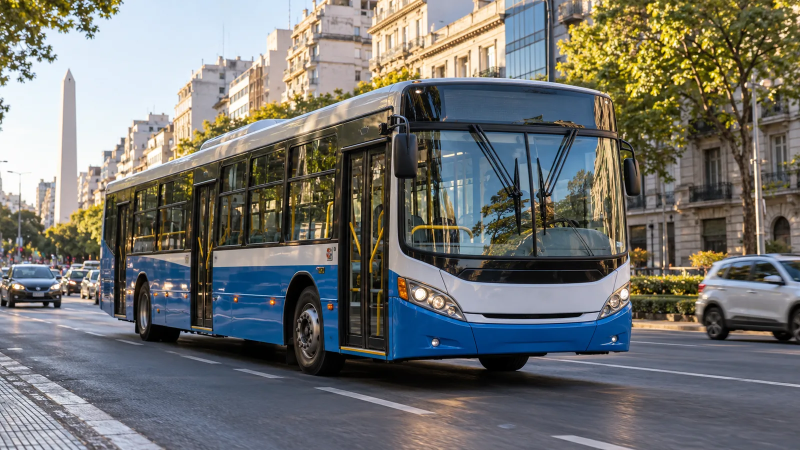 Colectivo azul y blanco que circula por una avenida arbolada